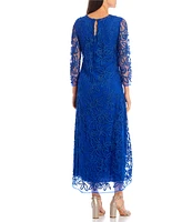 Soulmates Soutche Beaded Floral Lace V-Neck 3/4 Sleeve Waistless Gown