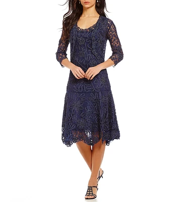 Soulmates Two Piece Baroque Floral Lace 3/4 Sleeve Scoop Neck Midi 2-Piece Jacket Dress