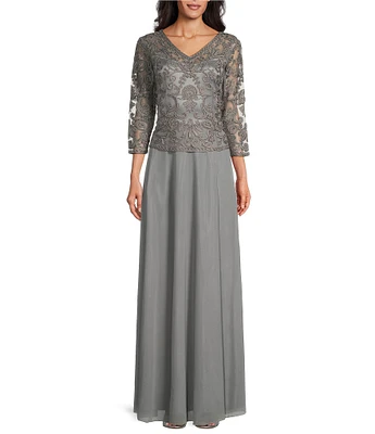 Soulmates V-Neck 3/4 Sleeve Soutache Lace Bodice A-Line Gown