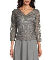 Soulmates V-Neck 3/4 Sleeve Soutache Lace Bodice A-Line Gown