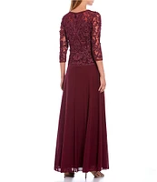 Soulmates V-Neck 3/4 Sleeve Soutache Lace Bodice A-Line Gown