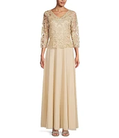 Soulmates V-Neck 3/4 Sleeve Soutache Lace Bodice A-Line Gown