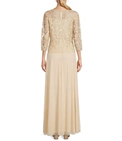 Soulmates V-Neck 3/4 Sleeve Soutache Lace Bodice A-Line Gown