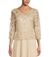 Soulmates V-Neck 3/4 Sleeve Soutache Lace Bodice A-Line Gown