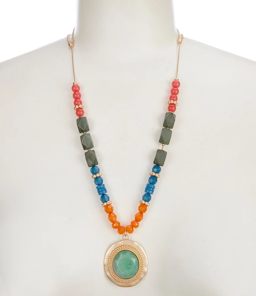 Southern Living Agate Pendant Multi Color Beaded Long Strand Necklace