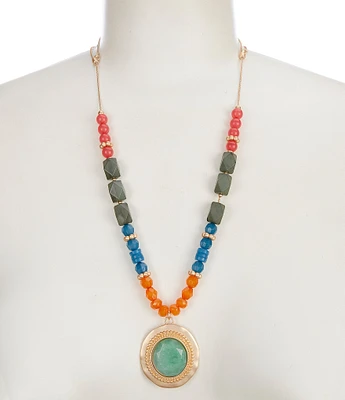 Southern Living Agate Pendant Multi Color Beaded Long Strand Necklace