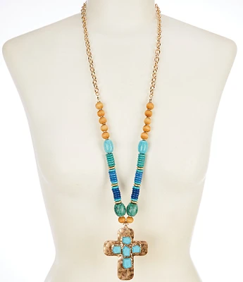 Southern Living Beaded Semi Precious Stone Cross Long Pendant Necklace