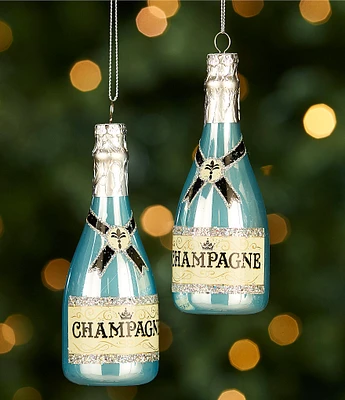 Southern Living Blue Christmas Collection Champagne Bottle Glass Ornament, Set of 2