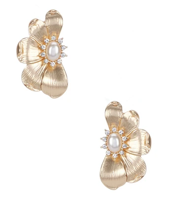 Southern Living Borrowed & Blue by Southern Living Crystal Stone Pearl Cab Half Flower Stud Earrings