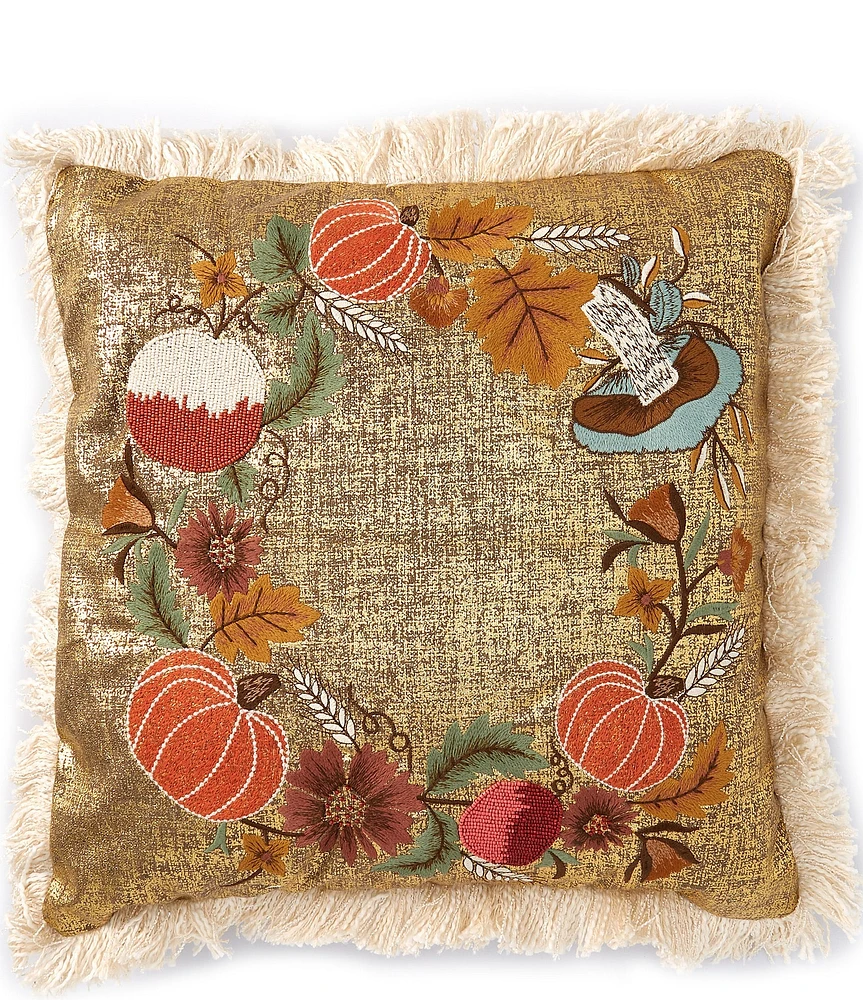 Southern Living Festive Fall Collection Embroidered Harvest Wreath Square Pillow