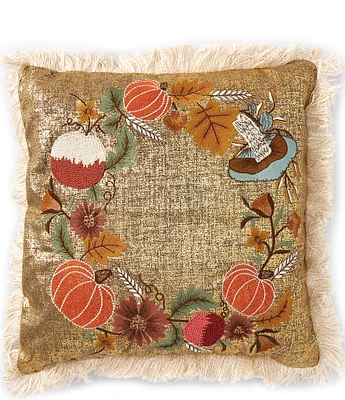 Southern Living Festive Fall Collection Embroidered Harvest Wreath Square Pillow