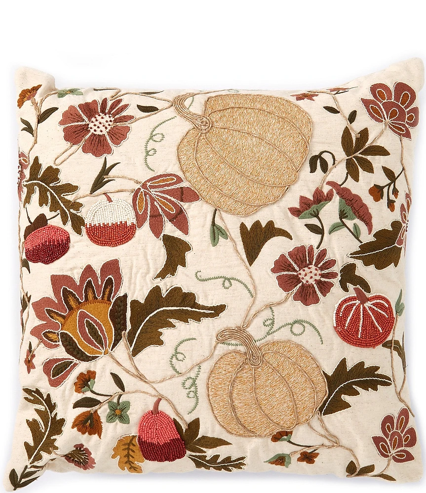 Southern Living Festive Fall Collection Embroidered Pumpkin Vine Square Pillow