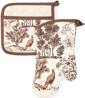 Southern Living Festive Fall Woodland Toile Oven Mitt & Pot Holder Set