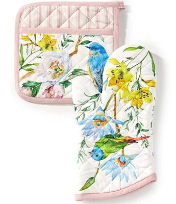 Southern Living Floral Bird Collection Oven Mitt and Potholder Set