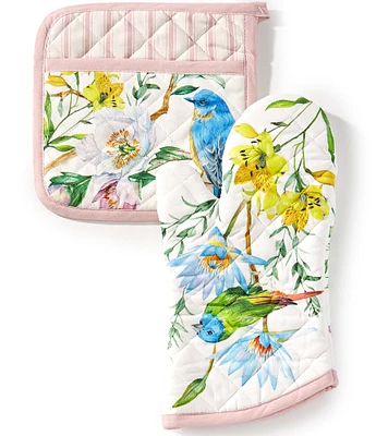 Southern Living Floral Bird Collection Oven Mitt and Potholder Set