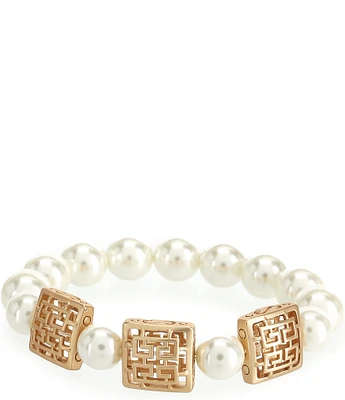 Southern Living Geometric Square Open Metal Pearl Stretch Bracelet