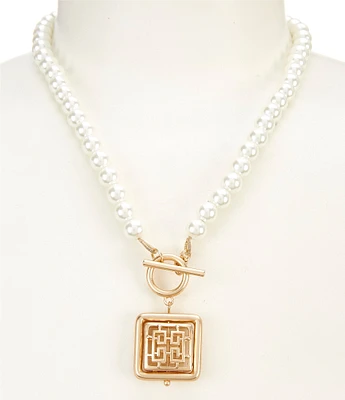 Southern Living Geometric Square Pearl Strand Short Pendant Necklace