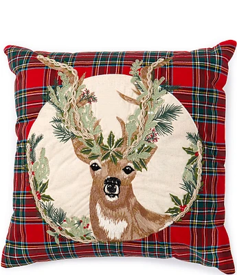 Southern Living Holiday Collection Embroidered Deer Plaid Pillow