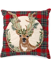 Southern Living Holiday Collection Embroidered Deer Plaid Pillow