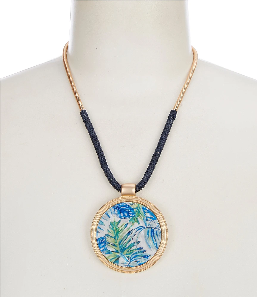 Southern Living Leaf Print Navy Cord Wrapped Chain Short Pendant Necklace