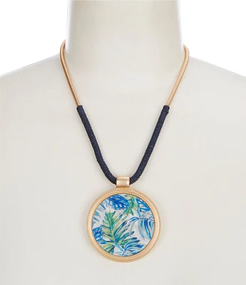 Southern Living Leaf Print Navy Cord Wrapped Chain Short Pendant Necklace