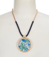 Southern Living Leaf Print Navy Cord Wrapped Chain Short Pendant Necklace