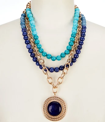 Southern Living Multi Layer Semi Precious Stone Disc Short Pendant Necklace