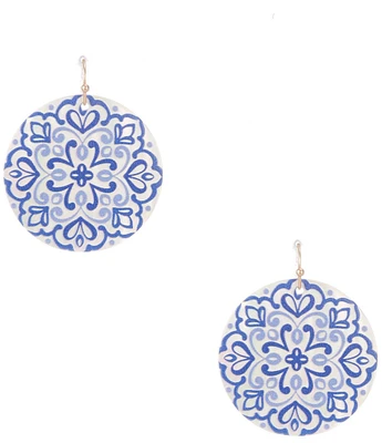 Southern Living Navy Floral Print Round Shell Drop Earrings