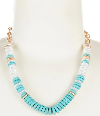 Southern Living Pearl & Reconstituted Turquoise Disc Frontal Collar Necklace