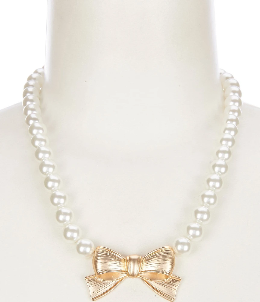 Southern Living Pearl Short Strand Metal Bow Pendant Necklace