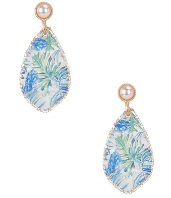 Southern Living Pearl Blue Leaf Print Resort Teardrop Drop Earrings