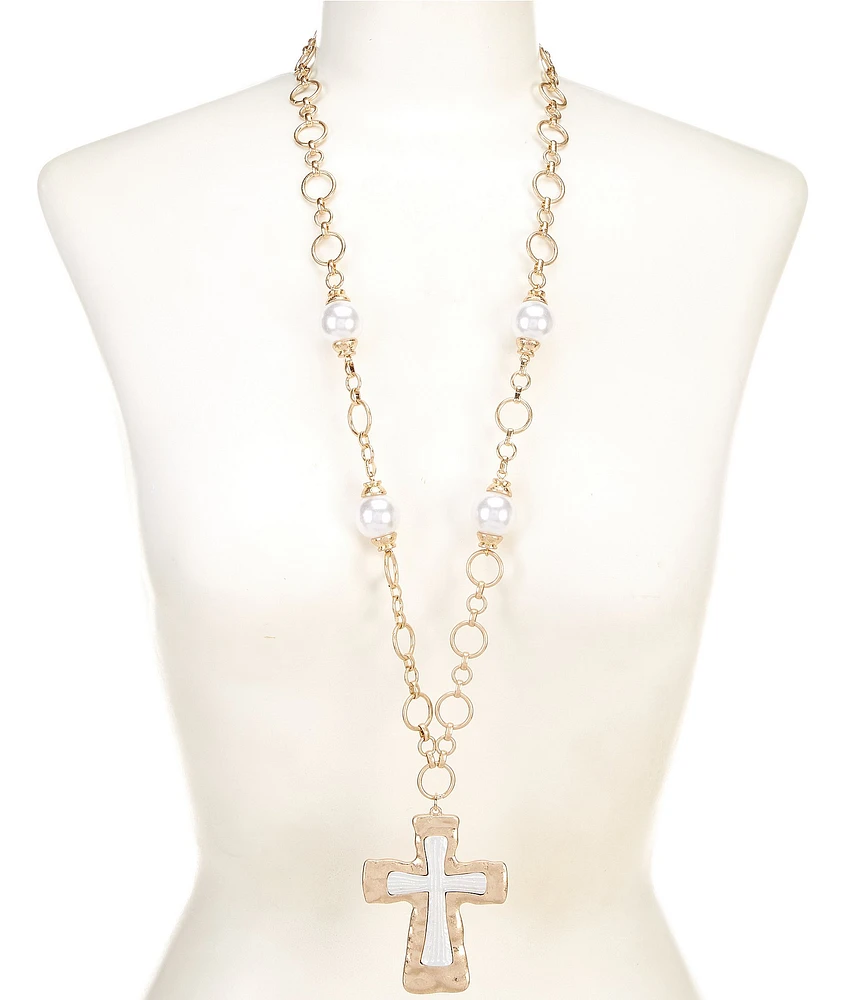 Southern Living Two Tone Cross Pendant Pearl Long Strand Necklace