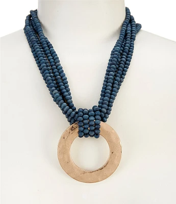 Southern Living Wood Bead Statement Necklace with Circle Pendant