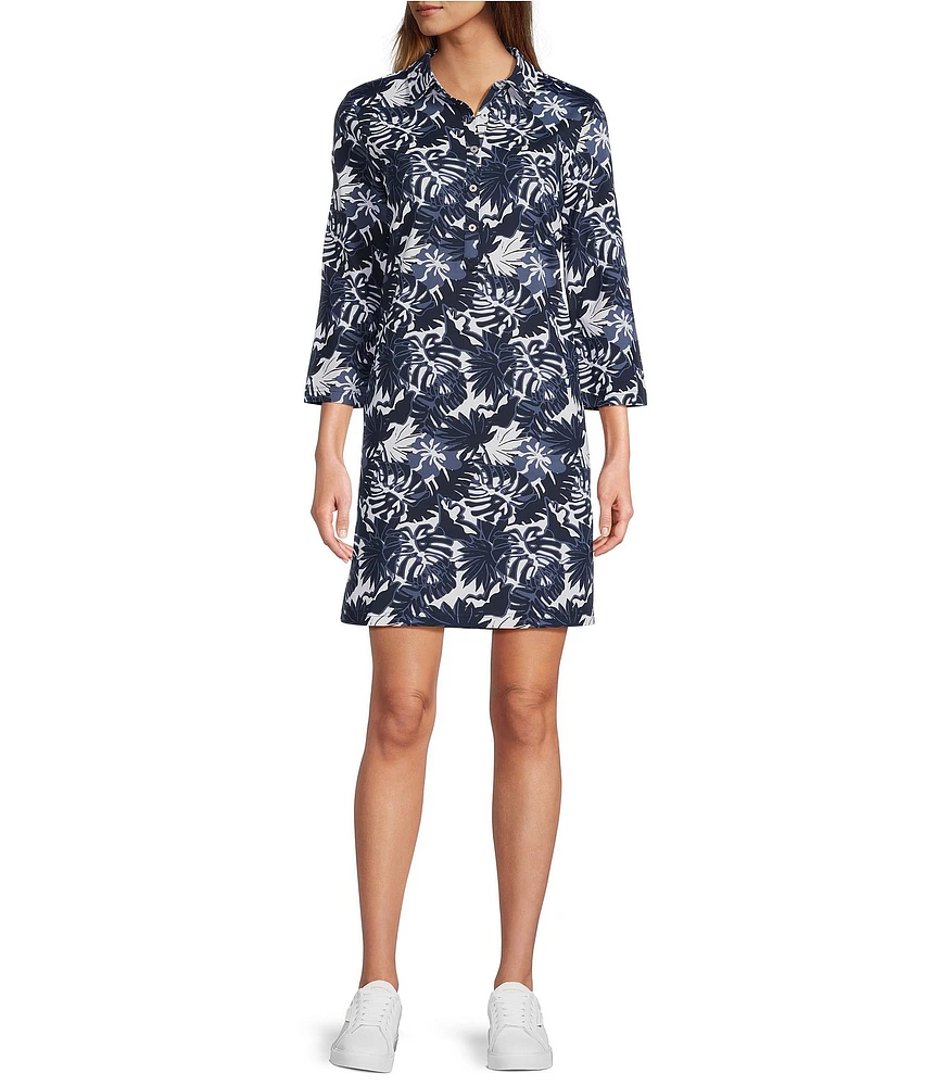Southern Tide Ginny Tropical Grand Palms Printed Button Down Collar Neck 3/4 Sleeve Performance Dress