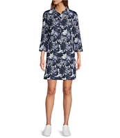 Southern Tide Ginny Tropical Grand Palms Printed Button Down Collar Neck 3/4 Sleeve Performance Dress