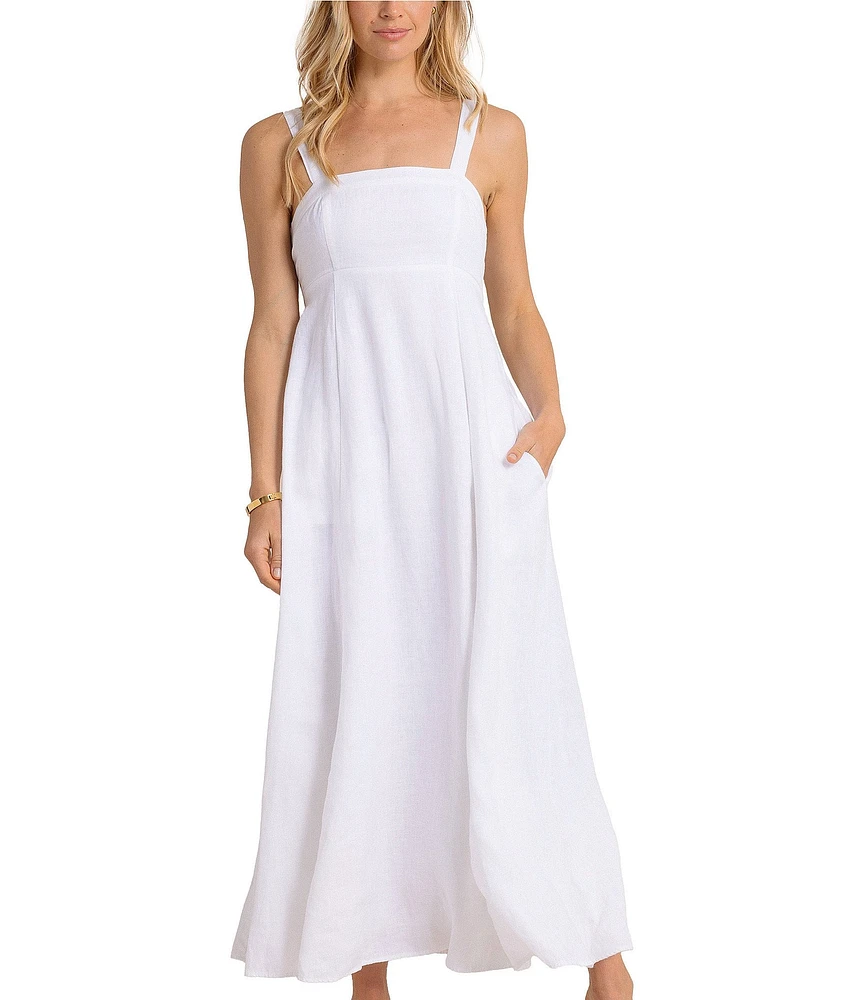 Southern Tide Leighton Square Neck Sleeveless Tie Back Linen Smock Detail Maxi Dress
