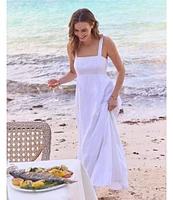 Southern Tide Leighton Square Neck Sleeveless Tie Back Linen Smock Detail Maxi Dress