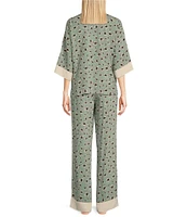 Splendid 3/4 Sleeve Notch Collar Long Woven Floral Pajama Set