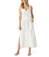 Splendid Amanda Linen Blend Knit V-Neck Sleeveless Belted A-Line Midi Dress