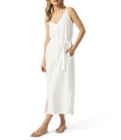 Splendid Amanda Linen Blend Knit V-Neck Sleeveless Belted A-Line Midi Dress