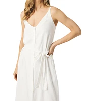 Splendid Amanda Linen Blend Knit V-Neck Sleeveless Belted A-Line Midi Dress