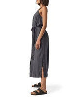 Splendid Amanda Linen Blend Knit V-Neck Sleeveless Belted A-Line Midi Dress