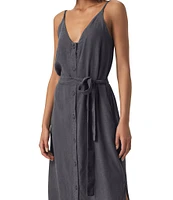 Splendid Amanda Linen Blend Knit V-Neck Sleeveless Belted A-Line Midi Dress