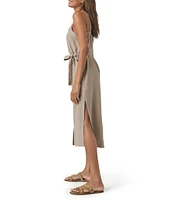 Splendid Amanda Linen Blend Knit V-Neck Sleeveless Belted A-Line Midi Dress
