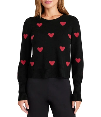 Splendid Anna Wool Blend Heart Pattern Crew Neck Long Sleeve Cropped Sweater