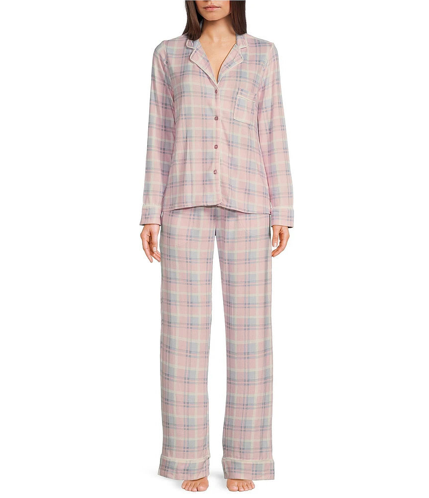 Splendid Brushed Jersey Notch Collar & Long Pant Plaid Pajama Set