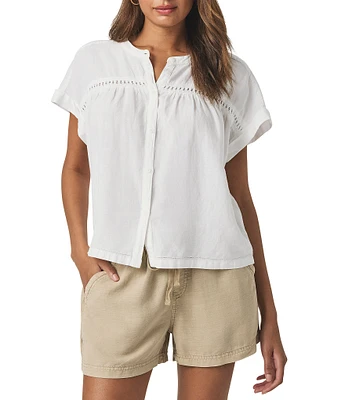 Splendid Catalina Knit Linen Blend Crochet Crew Neck Short Sleeve Blouse