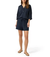 Splendid Coastal Knit Notch Collar 3/4 Sleeve Polo Top