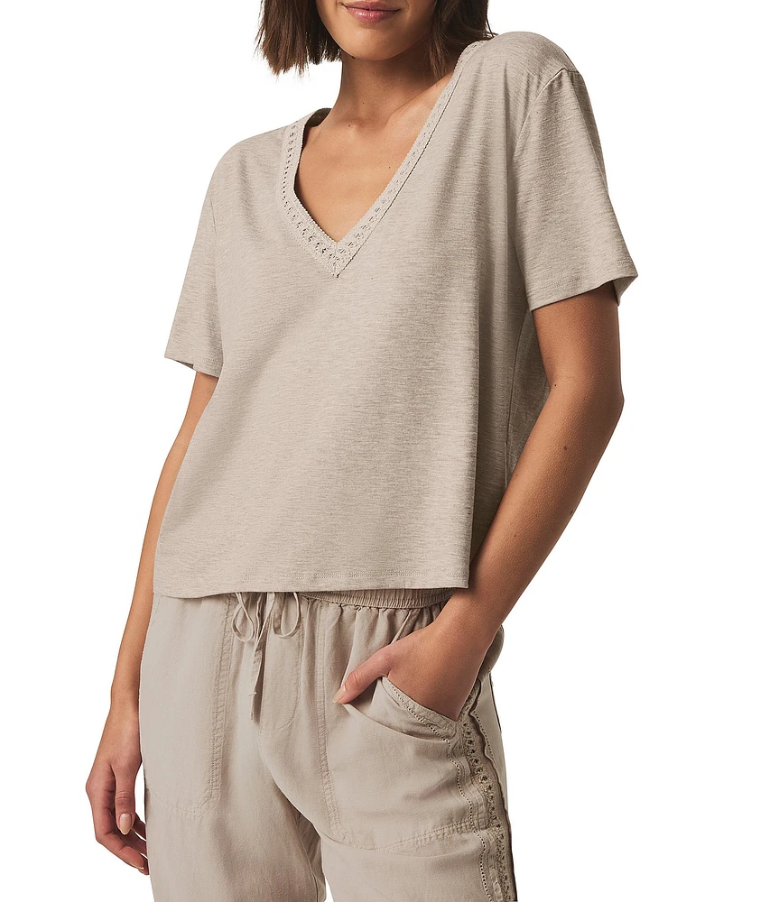 Kacey Crochet Knit V-Neck Short Sleeve Tee Shirt