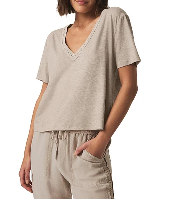 Kacey Crochet Knit V-Neck Short Sleeve Tee Shirt
